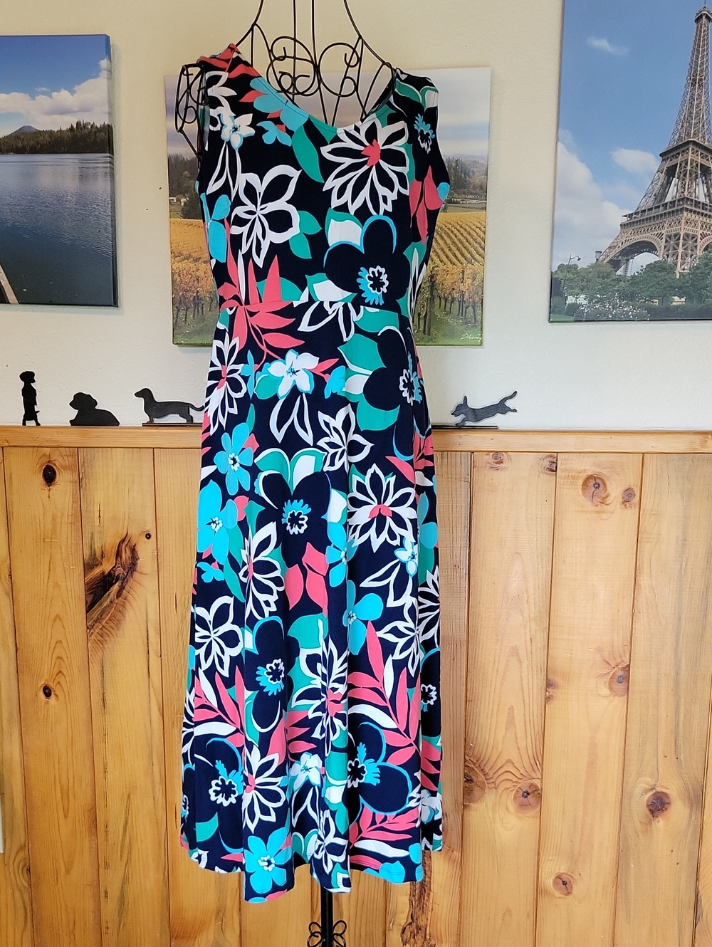 Talbots Navy Floral Midi Dress with Teal and Coral